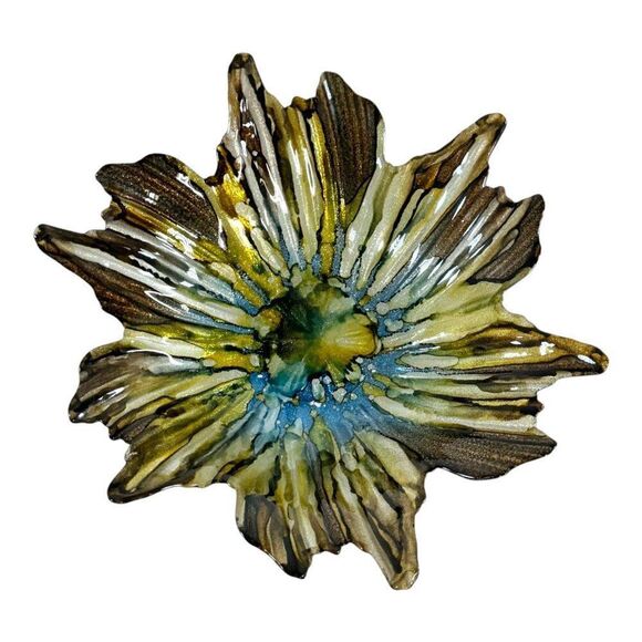 Hand Blown Glass Flower Bowl Glitter Blue Yellow Art Piece 12" Reverse Painted - Picture 1 of 7